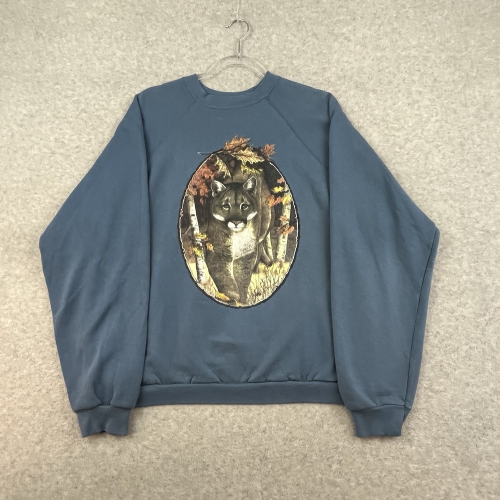 Vintage 1990s Mountain Lion Cougar Navy Blue Sweatshirt Tultex XL‎ Nature Animal